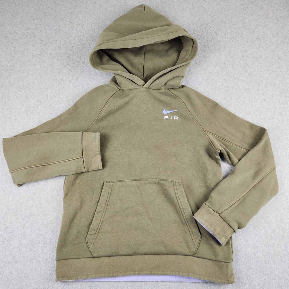 Nike Air Boys Large Olive Green Pullover Hoodie Fleece Sweatshirt Purple Trim